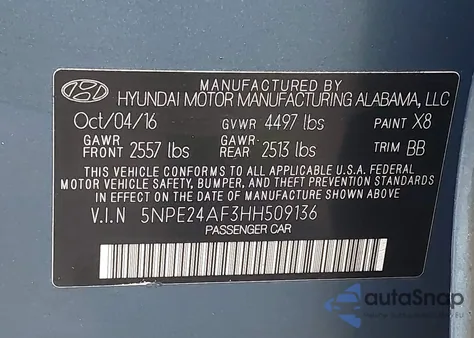 2017 Hyundai Sonata Se from USA, damaged, VIN 5NPE24AF3HH509136